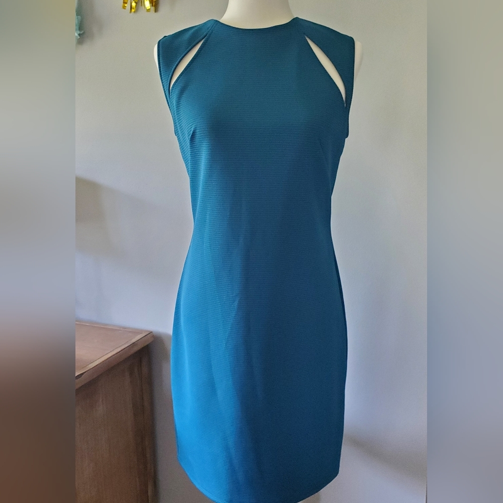 Topshop Size 10 Cutout Bodycon Sexy Teal Blue Knit Ribbed Midi Sheath Dress
